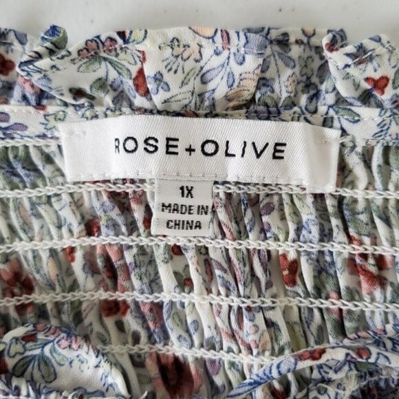 Rose + Olive Smocked Floral Top Size 1X Tie Neck Button Front Peasant Blouse - Picture 9 of 10